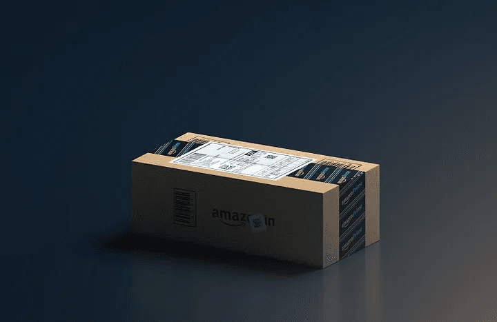 An Amazon shipping box with Prime tape on a dark background