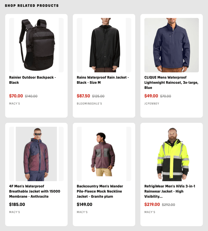 A Shop related products grid of six products, each with a name, price and merchant