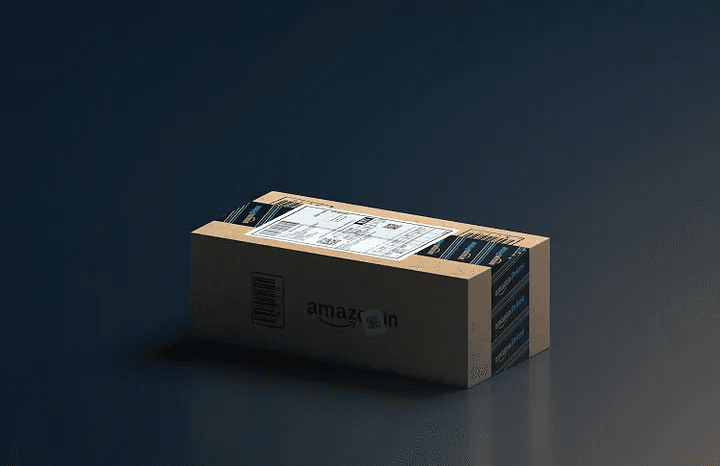 An Amazon shipping box with Prime tape on a dark background